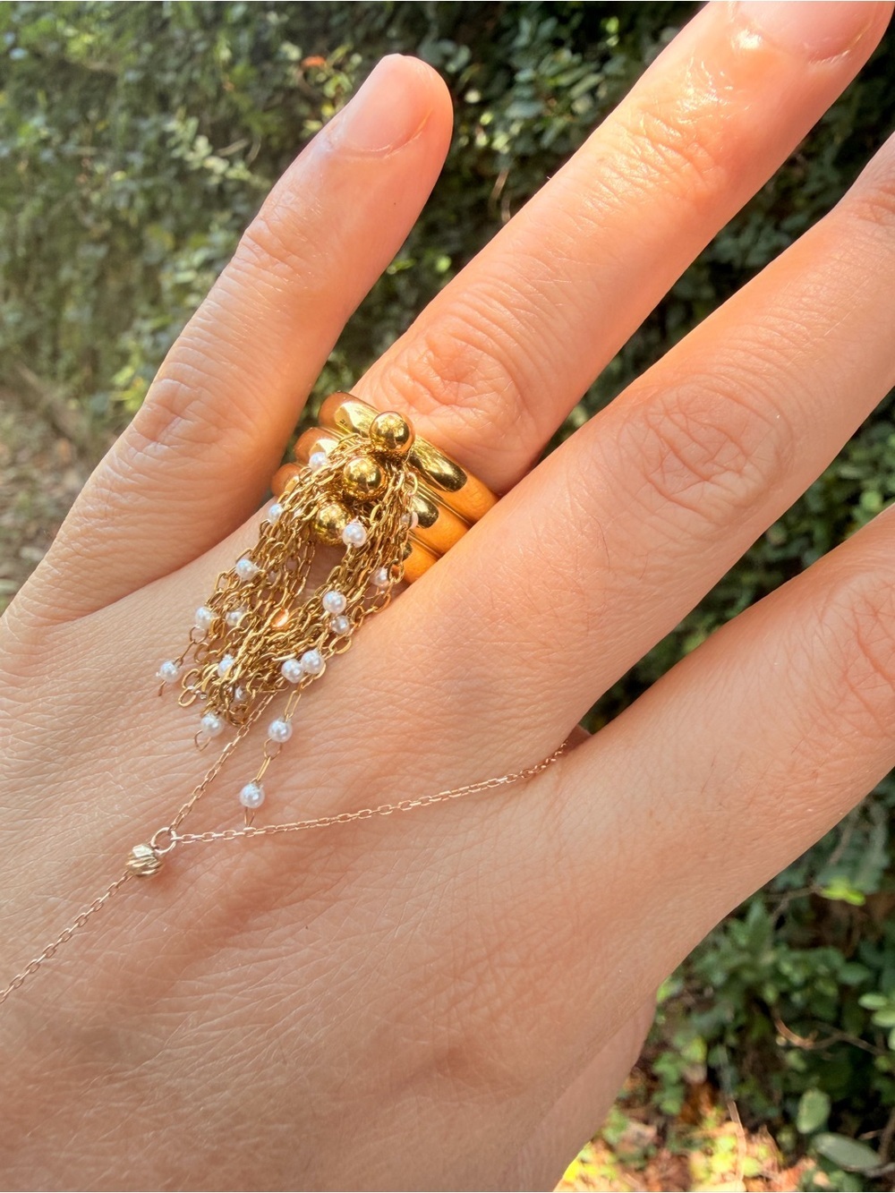 Gold Pearl Tassel Stackable Ring - Brand New! Adjustable - Picture 7 of 9